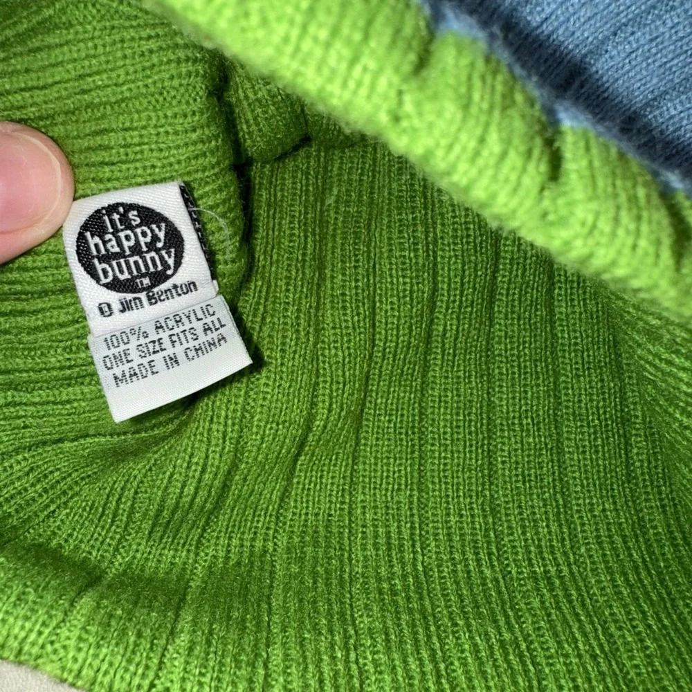 Vintage It's Happy Bunny Jim Benton Blue Green Pom Pom Beanie Hat Y2K Sarcastic